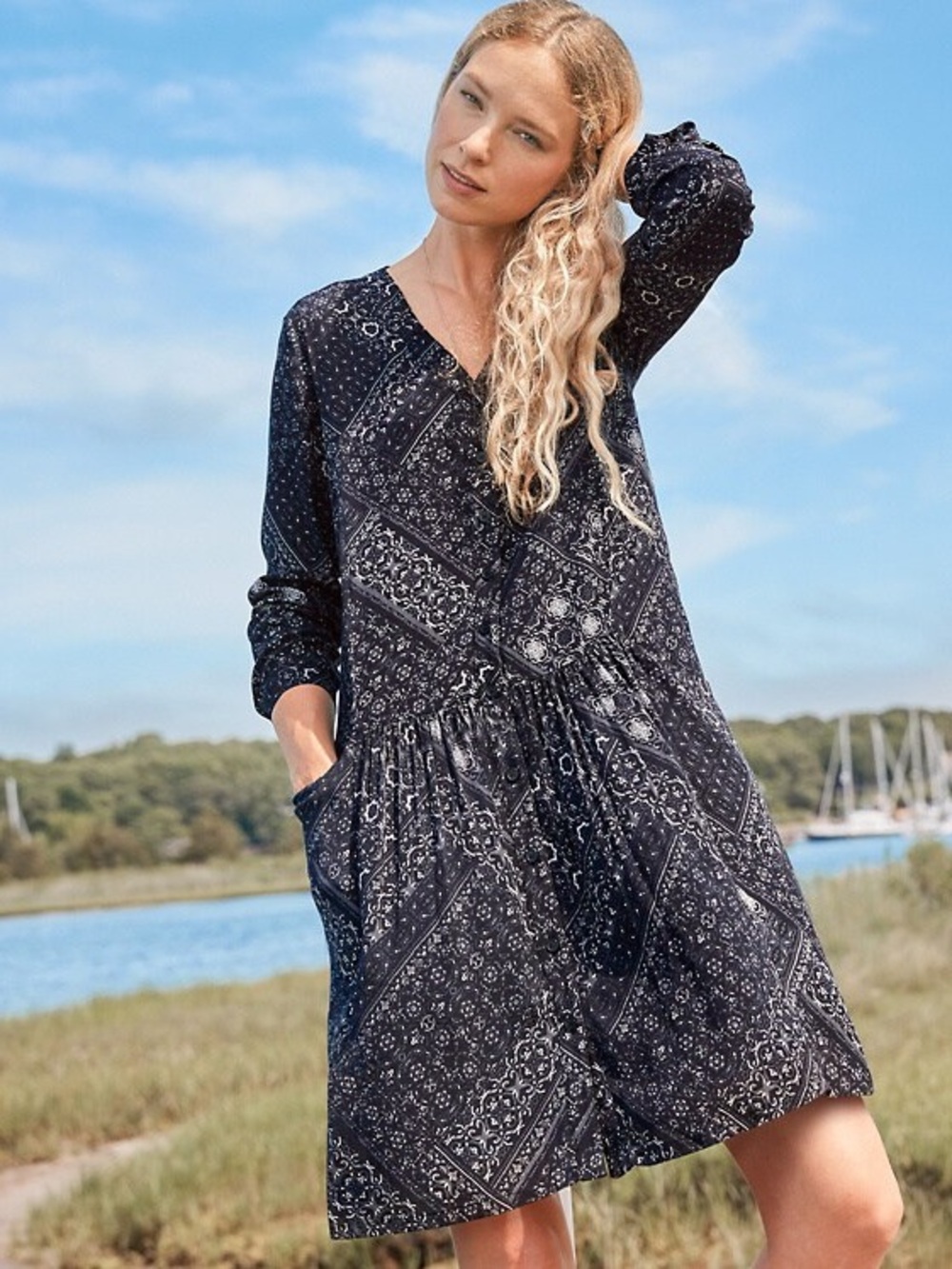 Garnet Hill Drop Waist Black and White Bandana print dress